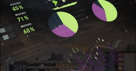 Poster - transparent grid launching analytics dashboard animating table, gauges, bars, pies, world map