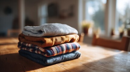 Poster - Neatly folded clothes on a wooden table in a cozy indoor space during daylight