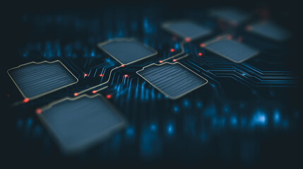 Poster - Microchip Circuit Board: Close-up view of a complex microchip circuit board, showcasing intricate circuitry and technological detail.  The image features glowing components against a dark background.