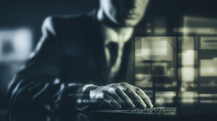 Poster - Cybersecurity Vigilance: A suited silhouette with focused hands types intently on a keyboard, data streams glow. In a shadowy scene of vigilance.