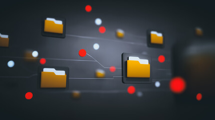 Fototapete - Data Stream: Interconnected digital folders float in a dark, abstract space, highlighted by an interconnected system of dots representing data flow. Illustrating the dynamics of a digital ecosystem.