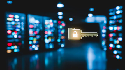 Poster - Digital Fortress: A radiant key overlaid onto a data server farm signifies digital security and access control, illuminated by ambient light, symbolizing safety and safeguarding.