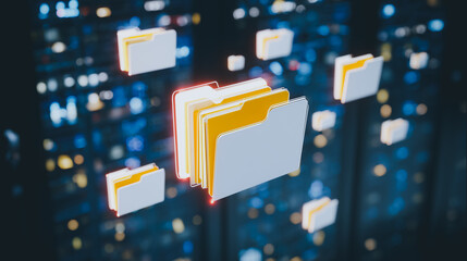 Fototapete - Digital Data Stream: Abstract representation of information, symbolized by glowing file folders floating in a digital space, emphasizing data flow and management.