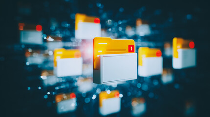 Fototapete - Digital Folder Network: Illuminated files and data packets floating in a simulated cyberspace, offering a visual narrative about file, data storage and digital communications.