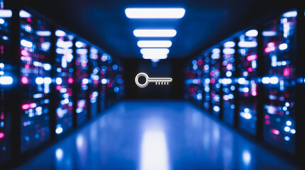 Poster - Secured Server Room: A dramatic view of a data server room, with an emphasized key illustration in the foreground, embodying data protection and security.