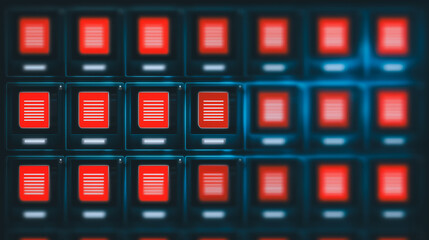 Poster - Digital Records Database: An abstract depiction of a secure digital database featuring rows of glowing red data files.