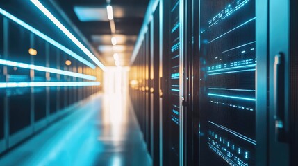 Fototapete - close-up view of glowing server racks in a modern data center hallway with ambient blue lighting, ad