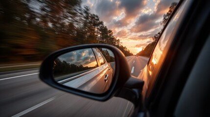Aufkleber - Driving into a vibrant sunset with a side view of a car on an open highway surrounded by trees