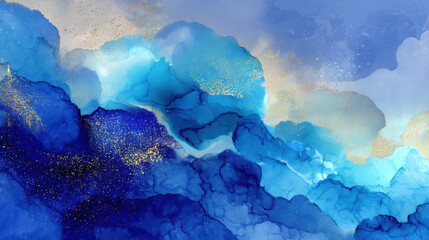 Poster - Abstract blue and gold watercolor painting with fluid shapes and textures