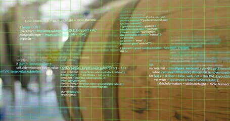 Poster - Starting with shot showing wooden barrel receiving green grid overlay scrolling pale code blocks