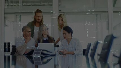 Poster - Woman tapping tablet, causing team leaning in while reviewing sales with binary code
