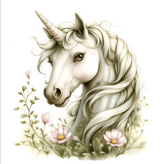  Isolated illustration elegant unicorn with flowing mane and floral element on white background