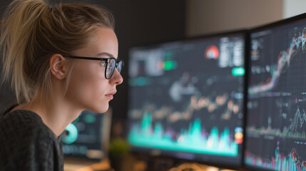 Poster - A woman is looking at a computer monitor with three screens
