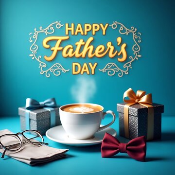 Happy Fathers day concept with coffee cup, tie bow and gift box on blue background