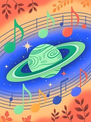 Poster - A playful green planet with rings floats amidst colorful musical notes on a staff, accented by stars and autumnal leaves against a vibrant gradient sky.