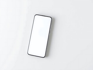 Wall Mural - A Smartphone With A Blank White Screen Is Angled Slightly On A Clean White Surface, Showing Its Sleek Black Edges, Mockup, Technology, Modern Device.