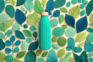 Aufkleber - Bright turquoise water bottle surrounded by colorful leaves on a light background creates a vibrant, eco-friendly atmosphere