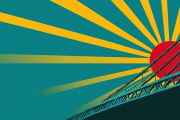 Poster - Bright sun rises over a colorful bridge with vibrant rays and circles in a striking design against a teal backdrop