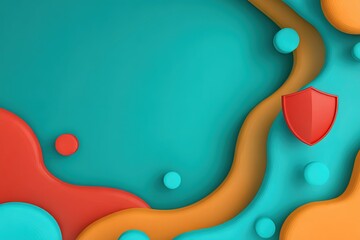Poster - Creative abstract design featuring colorful waves and shapes with a red shield symbolizing security and protection in a modern digital context