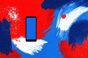 Poster - Bright abstract artwork featuring a smartphone on a vivid red and blue background