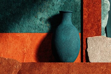 Poster - Colorful arrangement of a textured blue vase with stones on a vibrant, artistic backdrop in a creative workspace