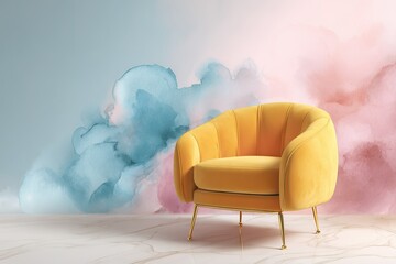 Poster - Modern yellow armchair in a stylish, colorful interior setting with soft pastel background