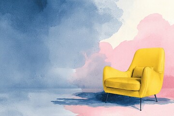 Poster - Bright yellow armchair against a pastel blue and pink watercolor background creating a modern and artistic ambiance