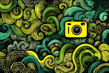 Poster - Colorful abstract design featuring a yellow camera amidst swirling green and black patterns
