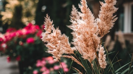 Poster - Blurry view of flower grass amidst colorful blooms in a sunny garden setting during late afternoon