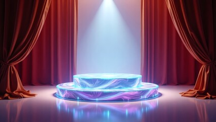 Poster - A vibrant stage under the spotlight, ready for a grand performance. The scene features a beautifully lit platform, with dramatic curtains adding to the sense of anticipation
