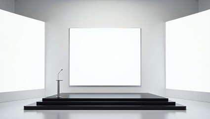 Aufkleber - A minimalist stage with three blank screens, ready for a presentation or display, evokes a sense of anticipation and possibilities