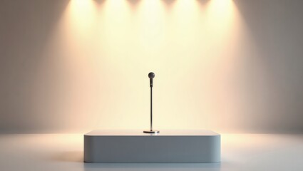 Poster - a spotlight shines on a stage podium with a microphone ready for the presentation