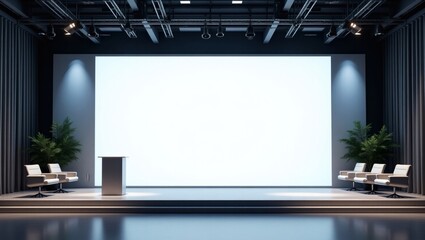 Poster - Empty stage with blank screen, ready for presentation or performance. The stage has a simple podium, some seats and green plant decorations