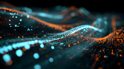 Poster - Abstract data stream visualization with flowing orange and cyan particles on a dark background