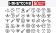 © MdOmar - Collection of 50 line icons related to honeycomb, honey, beekeeper, wax, beekeeping, bumblebee, bee hive, apiary, and apiculture. Editable stroke. Vector illustration