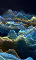 Poster - Abstract landscape showcases digital mountain range in hues of blue gold and light creating ethereal dimension