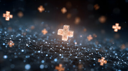 Poster - Floating geometric plus sign network abstract design connected dots with smooth bokeh and glowing elements