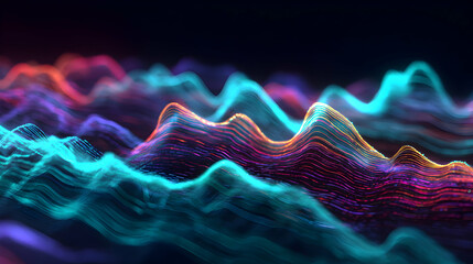 Poster - Vibrant abstract wave pattern with flowing light trails and neon colors against a dark backdrop