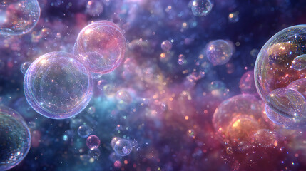 Poster - A mesmerizing cosmic dreamscape filled with luminous bubbles floating amidst a vibrant nebula background