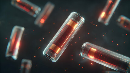 Poster - Futuristic technology scene showcasing transparent capsules with red and gold accents floating in space