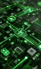 Poster - Illuminated green circuit board conveying concepts of technological advancement and sophisticated computer systems