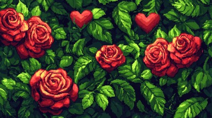 Wall Mural - a beautiful pixelated pattern of red roses intertwined with pixelated heart shapes, charming and vib