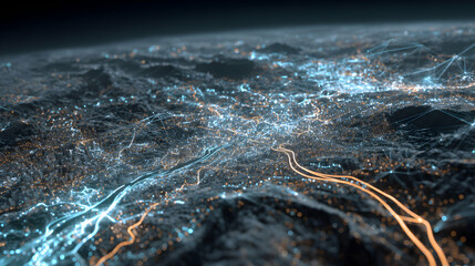 Poster - Abstract city lights and network connections illuminating a dark landscape aerial perspective design