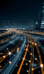 Poster - Illuminated city lights create interconnected pathways under a vast night sky showcasing modern progress with glowing trails