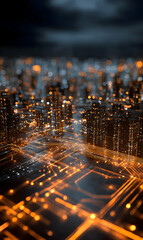 Poster - Abstract cityscape glowing with digital connectivity symbolizing smart technology and futuristic urban infrastructure