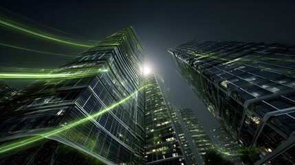 Poster - Futuristic urban landscape with glowing green lines enhancing architectural marvels at nighttime