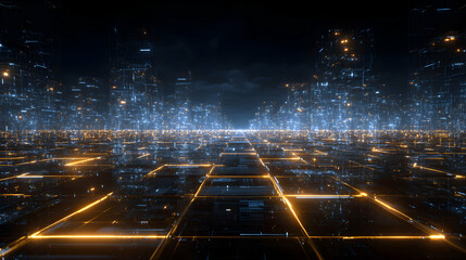 Poster - Abstract futuristic city with illuminated lines and geometric shapes depicting digital cityscape future