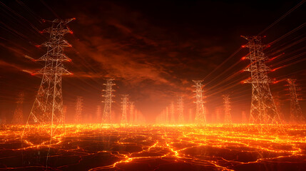 Poster - Electric dreams energy infrastructure with surreal sunset power lines stretching across a fiery landscape