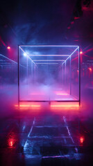 Poster - A glowing cube tunnel with neon lights and fog in a dark and futuristic looking environment indoors