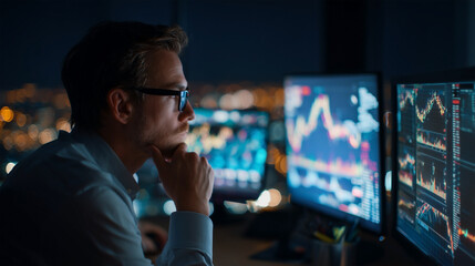 Poster - A man is looking at a computer monitor with a lot of numbers on it